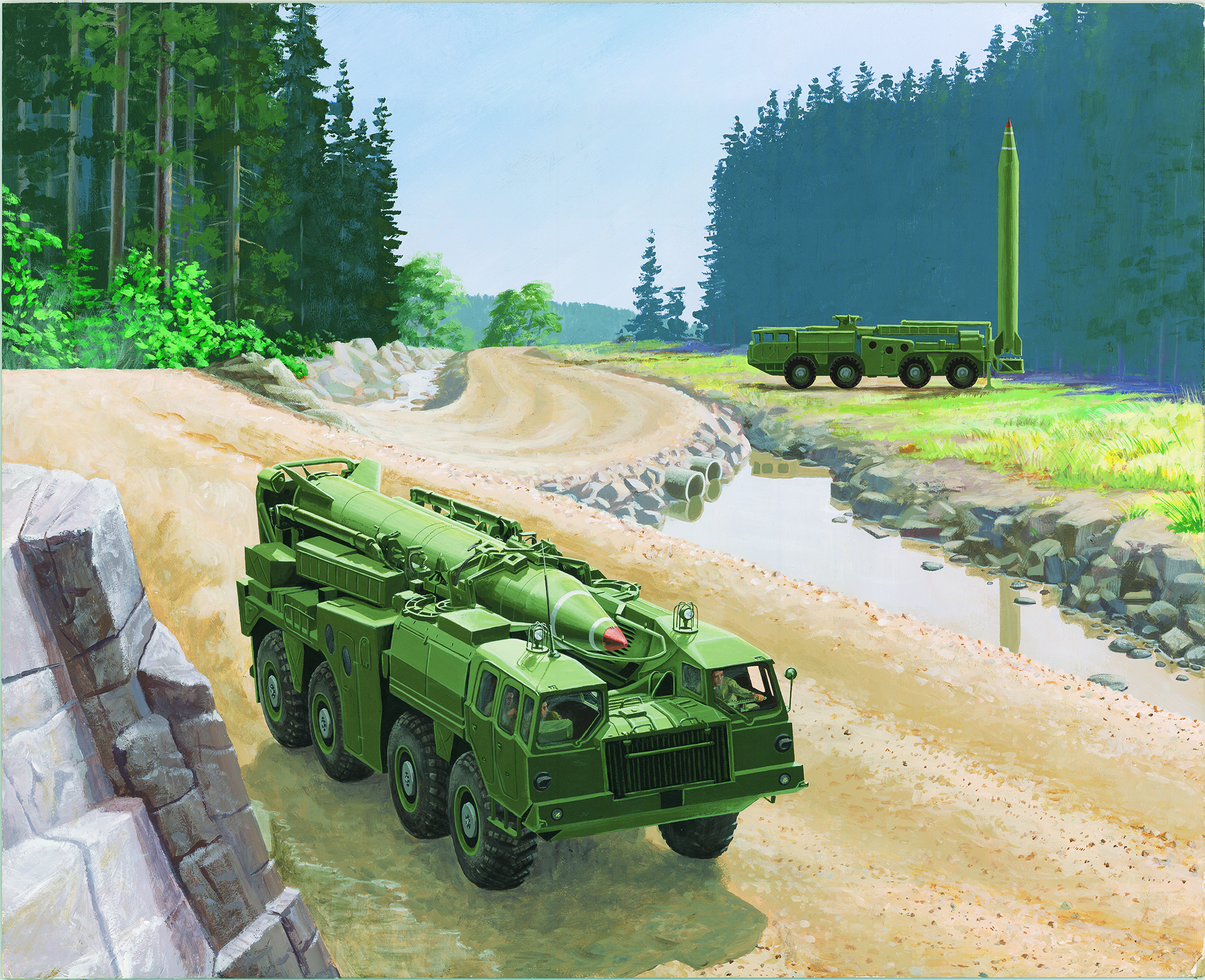 An artist's rendering of two Scud-B mobile missile launchers in a forested area. One launcher is driving on a dirt road while another is positioned in the background with its missile raised to a vertical launch position.